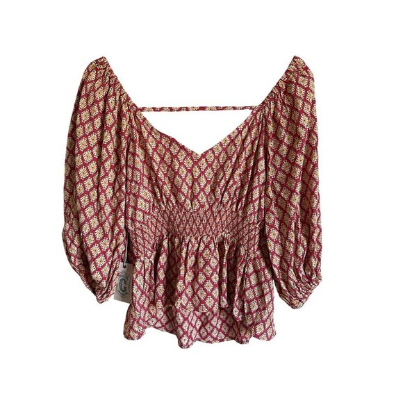 New! Rockin' G Tribal Aztec Geometric Southwestern Peasant Top Sweetheart Smocki - Picture 2 of 9